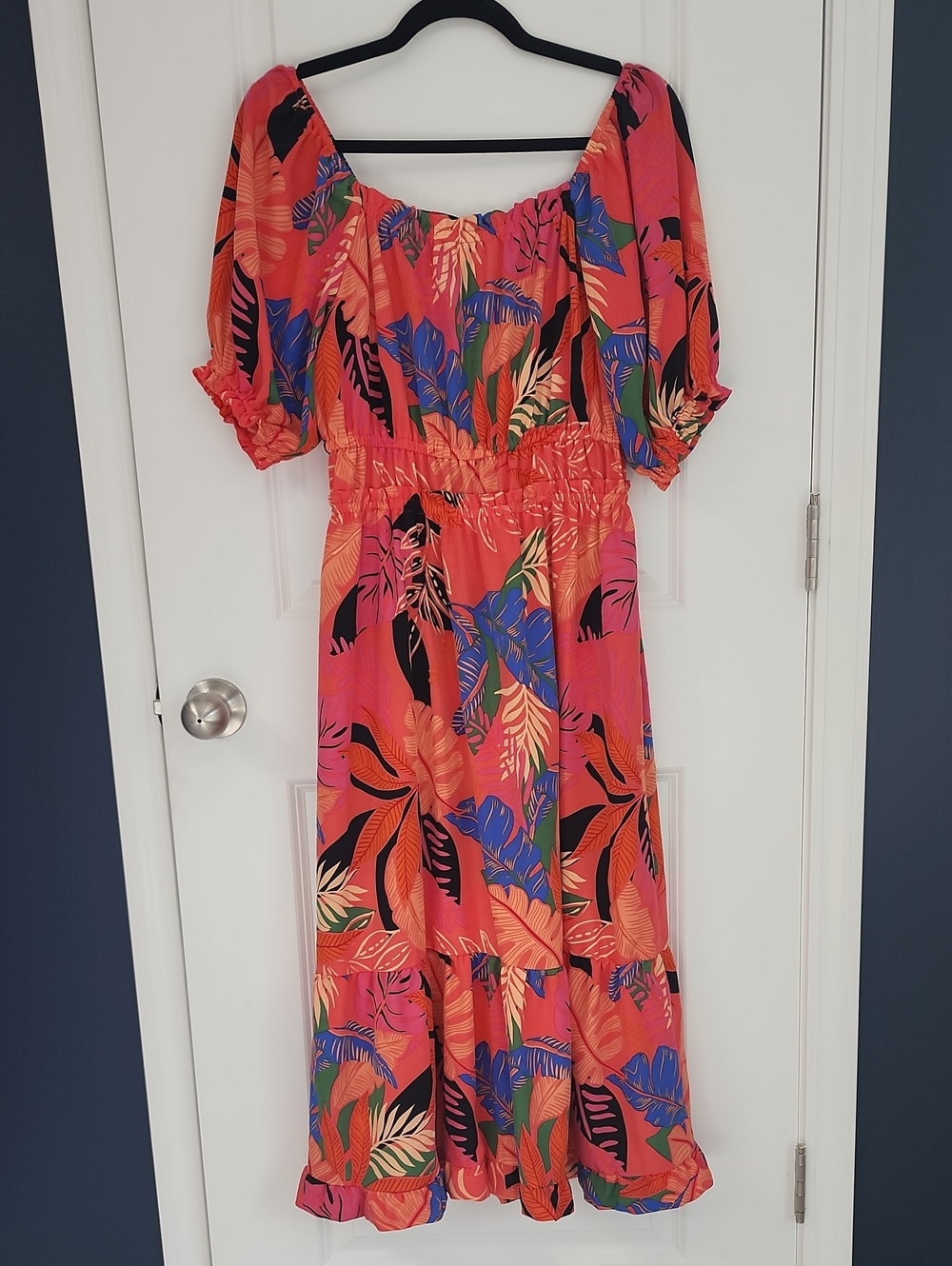 Women's Coral Tropical Print Off-Shoulder Dress